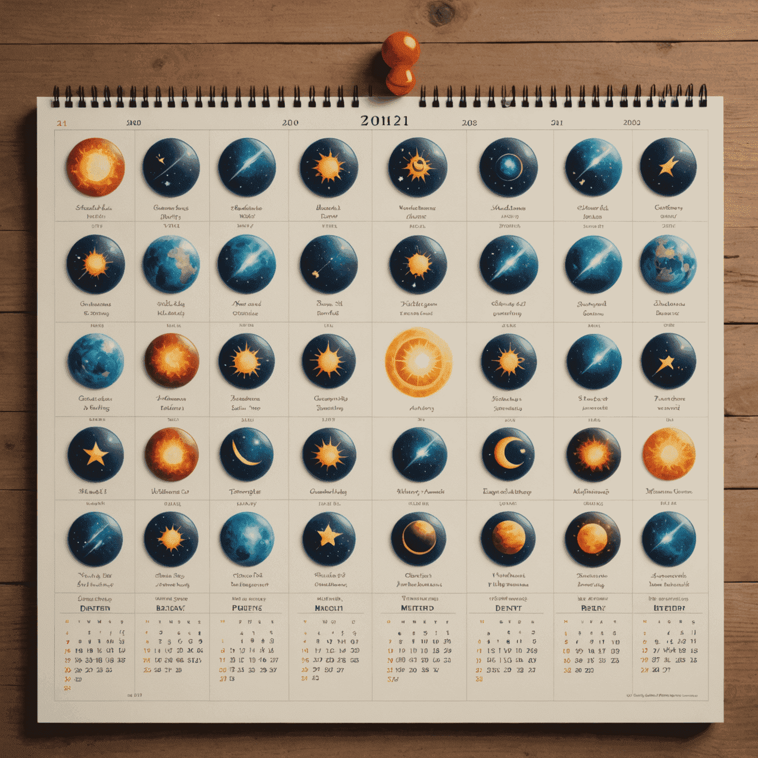 Ein Kalender mit Planetensymbolen und Sternzeichen, der bevorstehende astrologische Ereignisse anzeigt